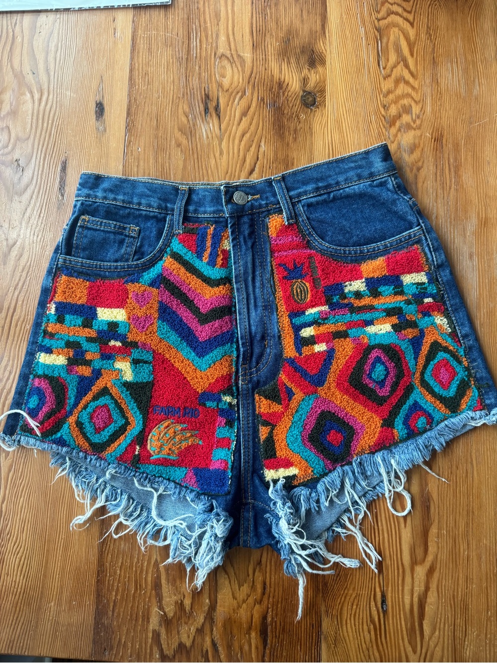 FARM RIO Womens M Embroidered Denim Cutoff Shorts Colorful Boho Frayed Hem